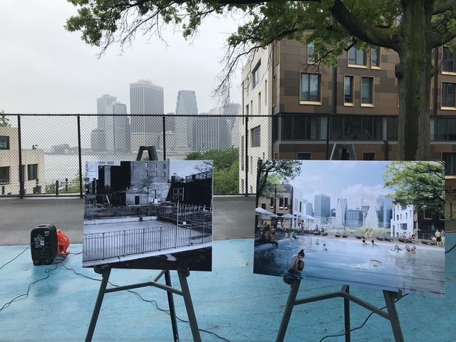 An old photo of Squibb park, and a rendering of the pool at today's press conference.